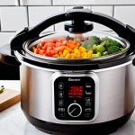 **Image Prompt for Pressure Cooker**: 
   "A modern kitchen showcasing a pressure cooker in action, with colorful vegetables inside. Steam is rising from the cooker, and a clock shows fast cooking time. The background includes a neatly organized kitchen with fresh ingredients on the counter."