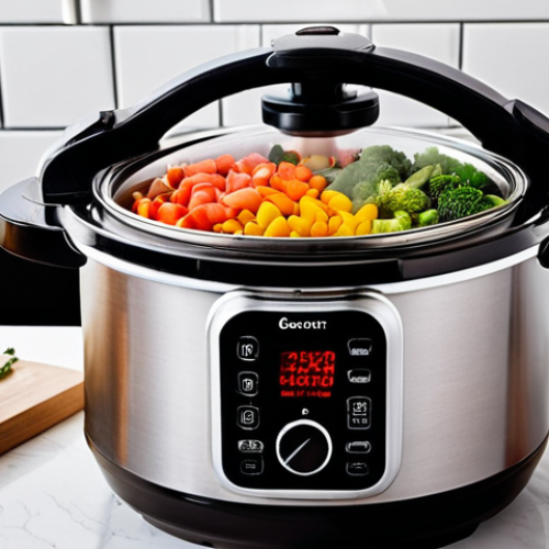 Home 7 **Image Prompt for Pressure Cooker**:
"A modern kitchen showcasing a pressure cooker in action, with colorful vegetables inside. Steam is rising from the cooker, and a clock shows fast cooking time. The background includes a neatly organized kitchen with fresh ingredients on the counter."