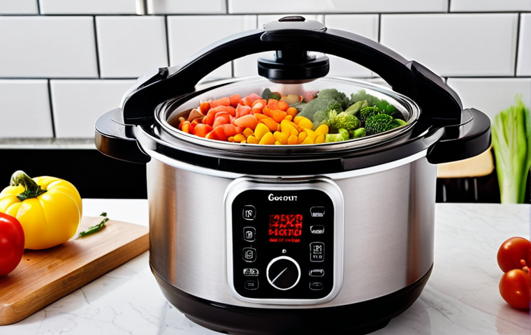 **Image Prompt for Pressure Cooker**:
"A modern kitchen showcasing a pressure cooker in action, with colorful vegetables inside. Steam is rising from the cooker, and a clock shows fast cooking time. The background includes a neatly organized kitchen with fresh ingredients on the counter."
