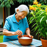 A kind-looking elderly woman, with a gentle smile, in a modest, appropriate attire, carefully pouring cloudy rice water from a traditional ceramic bowl onto a vibrant potted chili plant in a lush home garden. The garden is filled with healthy, green plants and colorful flowers, basking in natural daylight. The image captures a serene, eco-friendly act of nurturing nature. professional photography, high quality, perfect anatomy, correct proportions, natural pose, well-formed hands, proper finger count, natural body proportions, safe for work, appropriate content, fully clothed, family-friendly.