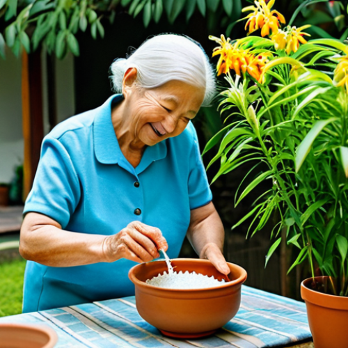 A kind-looking elderly woman, with a gentle smile, in a modest, appropriate attire, carefully pouring cloudy rice water from a traditional ceramic bowl onto a vibrant potted chili plant in a lush home garden. The garden is filled with healthy, green plants and colorful flowers, basking in natural daylight. The image captures a serene, eco-friendly act of nurturing nature. professional photography, high quality, perfect anatomy, correct proportions, natural pose, well-formed hands, proper finger count, natural body proportions, safe for work, appropriate content, fully clothed, family-friendly.