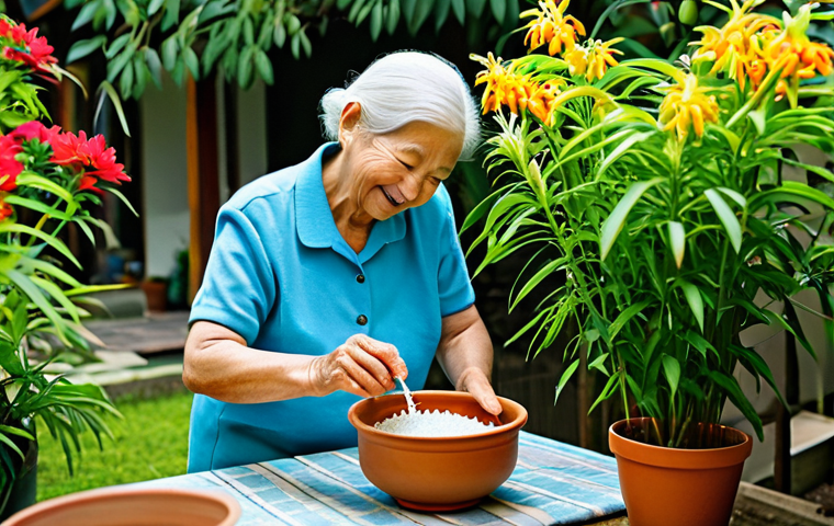 A kind-looking elderly woman, with a gentle smile, in a modest, appropriate attire, carefully pouring cloudy rice water from a traditional ceramic bowl onto a vibrant potted chili plant in a lush home garden. The garden is filled with healthy, green plants and colorful flowers, basking in natural daylight. The image captures a serene, eco-friendly act of nurturing nature. professional photography, high quality, perfect anatomy, correct proportions, natural pose, well-formed hands, proper finger count, natural body proportions, safe for work, appropriate content, fully clothed, family-friendly.
